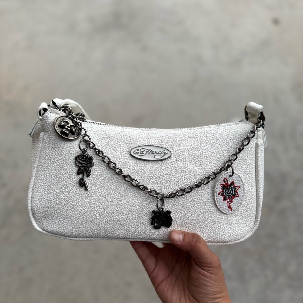 Ed Hardy White Shoulder Bag with Chain Accents Vegan!